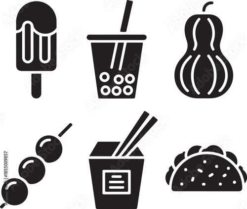 Black silhouette icons of popular street food and drinks vector
