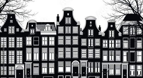 WebDetailed Amsterdam Canal Houses Silhouette Vector, Historic Dutch Gables, Cityscape Facade, European Architecture, Traditional Street Scene, Black and White, Isolated.