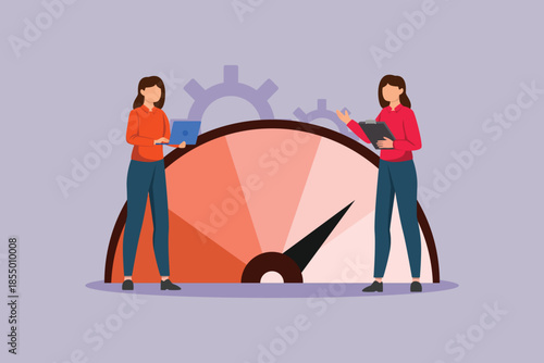 Activity of two people conducting analysis related to benchmarking. Benchmarking Concept. Colored flat vector illustration isolated