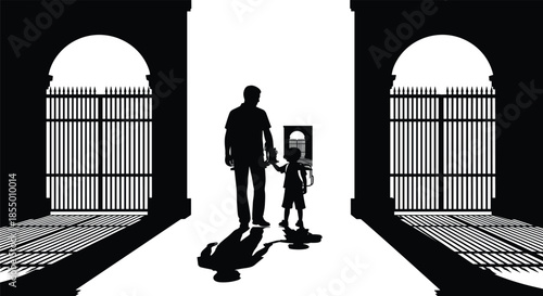 Father and son holding hands walking between large arched gates, black silhouette representing family, guidance, education, future, and emotional journey.