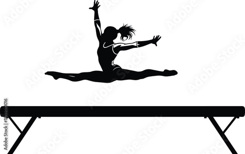 Female gymnast performing a jump split on a balance beam, powerful sport silhouette vector illustration, black and white graphic design element for fitness, competition, and athleticism promotion.
