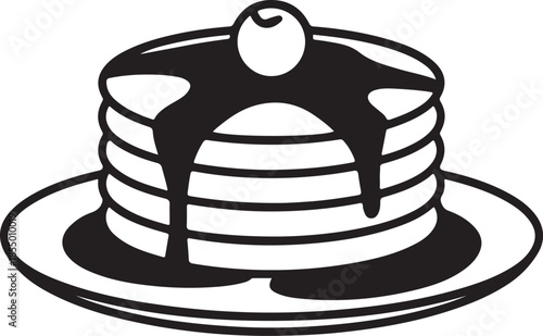 Black silhouette shows syrup dripping down a stack of pancakes with an apple topping