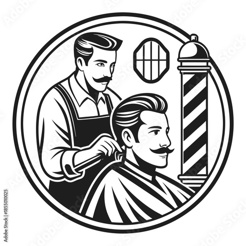 Barber shop logo with barber, client, and window detail
