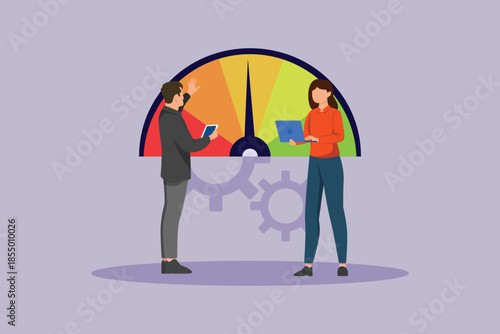 Two-person discussion regarding benchmarking. Benchmarking Concept. Colored flat vector illustration isolated