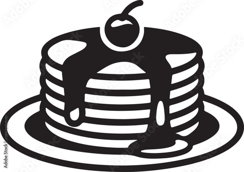 Black silhouette shows syrup dripping down a stack of pancakes with an apple topping