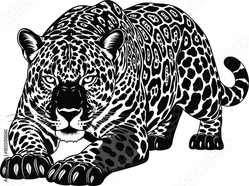 Fierce Black and White Jaguar in Hunting Stance, Detailed Vector Illustration of a Crouching Wild Cat with Spotted Fur and Intense Stare Graphic