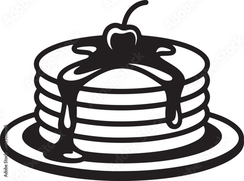 Black silhouette shows syrup dripping down a stack of pancakes with an apple topping