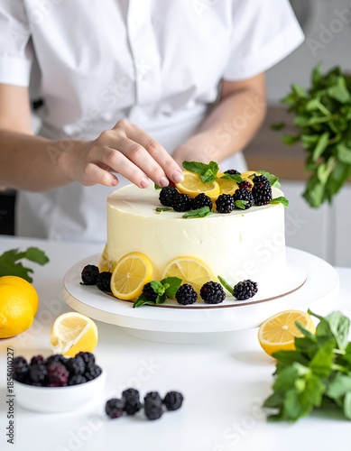 Person decorates a lemon cream cake with fresh blackberries and mint leaves