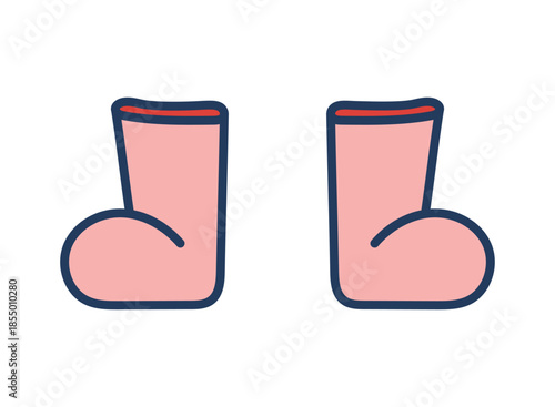 Pair of pink snow, winter boots isolated on transparent. Hand drawn line drawing vector illustration. Traditional holiday, Christmas, seasonal design element, winter clothes, footwear clip art