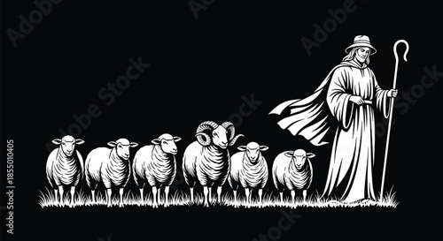 Good Shepherd Leading Flock of Sheep and Ram Black and White Vector, Biblical Religion Theme, Christ, Pastor, Staff, Jesus Symbolism, Isolated Illustration.