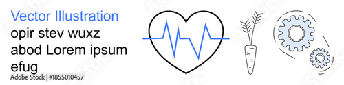 Health, wellness, nutrition, fitness, functionality, medical . Black heart with blue heartbeat line, carrot illustration and gear icons. Health and nutrition themes clearly