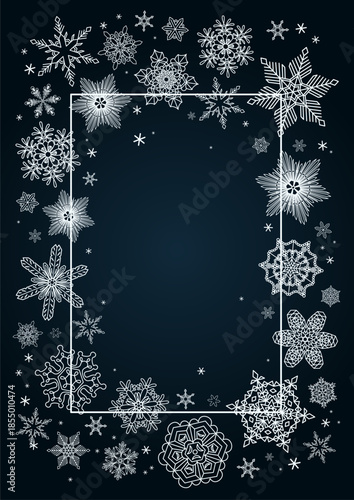 Snowflakes, white falling snow frame with copy space, border, background. Line drawing. Hand drawn vector illustration. Seasonal, winter design, blue backdrop, banner. Different shapes, ice crystals