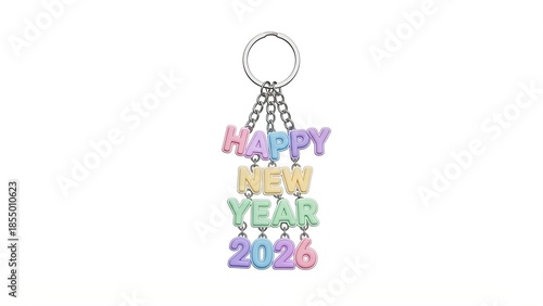 Pastel Colorful Happy New Year 2026 Keychain Text on White Background