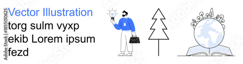 Business innovation, environmental awareness, global education, creativity, sustainability, knowledge sharing. A person holding a bulb, a tree and a globe on a book. Business innovation