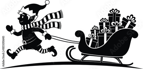 Here is a title and a set of keywords for the uploaded black-and-white illustration of the Christmas elf pulling a gift-filled sleigh, optimized for Adobe Stock and SEO.
