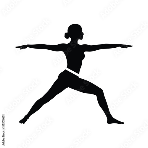 Black silhouette of a woman in warrior I yoga pose warrior II virabhadrasana II