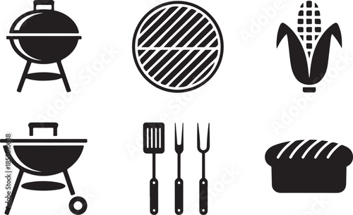 Collection of black barbecue icons including grill steak corn and utensils