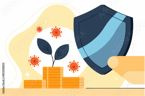 Tarcza ochronna nad oszczędnościami i rośliną wśród wirusów – bezpieczeństwo finansów, ochrona przed ryzykiem i kryzys.