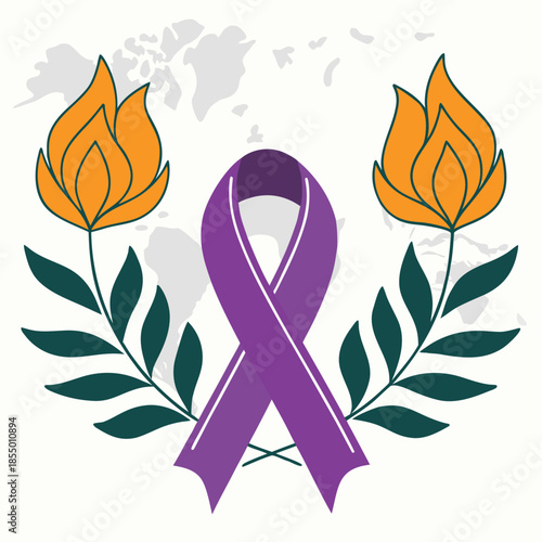 a symbolic representation featuring two vibrant orange tulip like flowers flanking a purple ribbon against a world map backdrop conveying awareness and remembrance
