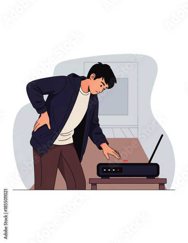 Frustrated young man attempts to fix a malfunctioning home router, depicting common internet connectivity issues and the challenges of modern digital life