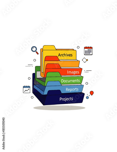 Digital file management illustration Stacked folders (projects, reports, documents, images, archives) for organized data and efficient business workflow