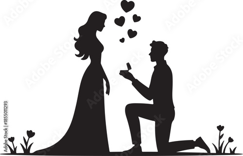 Couple proposal romantic hearts silhouette vector