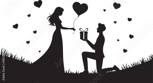 Couple proposal with heart balloon and gift silhouette engagement