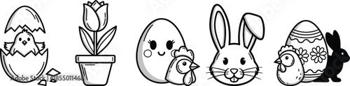 Black and white cartoon Easter including hatching chick tulip potted plant smiling egg chicken bunny and decorated egg