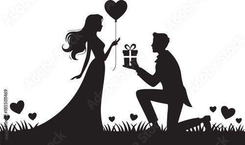 Couple proposal with heart balloon and gift silhouette engagement