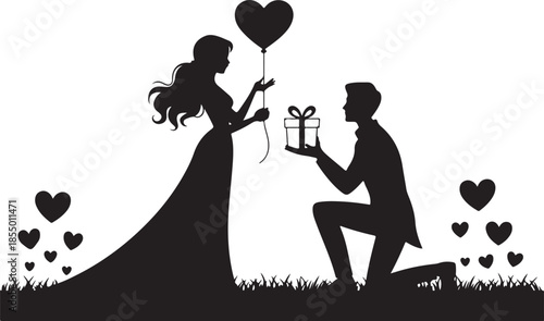 Couple proposal with heart balloon and gift silhouette engagement
