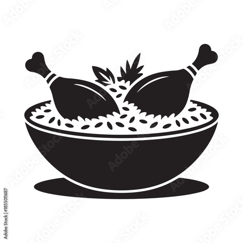 A black and white illustration of a bowl of rice and chicken legs