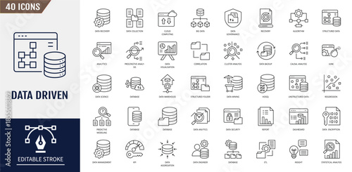 Data driven icon set. Algorithm, analytics, big data, data mining, machine learning, ai, science, analysis, visualization, warehouse, database and more. Vector illustration