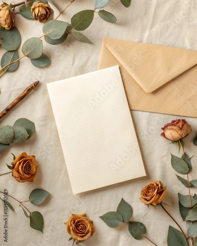 Vintage Inspired Flat Lay with Dried Floral Elements, Empty Greeting Card, and Brown Envelope