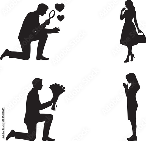 Couple silhouettes proposing with rings and flowers wedding proposal