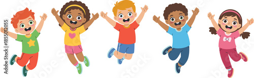 Cartoon children jumping with joy, diverse happy kids illustration, playful character design, cheerful youth clipart, school celebration art