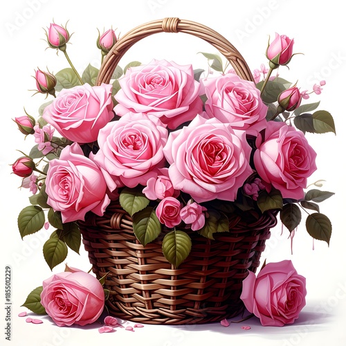 Pink roses arranged in a woven wicker basket with green leaves, against a white backdrop
