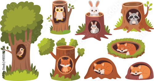 Cartoon forest animals in tree trunks, burrows and stumps, cute wildlife illustration, nature shelter clipart, kids educational design