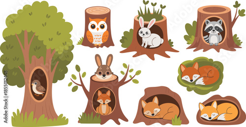 Cartoon forest animals in tree trunks, burrows and stumps, cute wildlife shelter illustration, nature habitat clipart, kids design