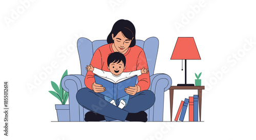 Caring mother sits in an armchair and reads an interesting storybook to her young child in a cozy home environment.
