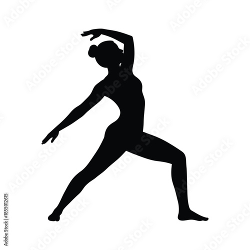 Black silhouette of woman in warrior two yoga pose vector
