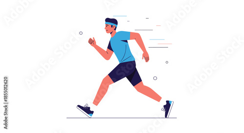 Determined male athlete in sportswear runs outdoors to improve his fitness and health in a minimal flat vector design.