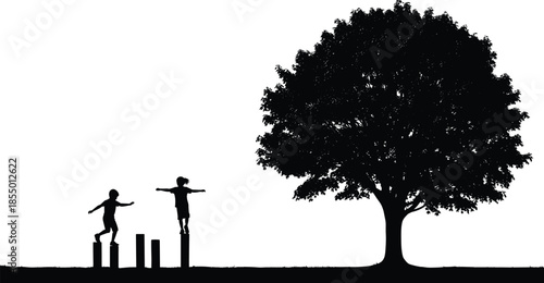 Children balance silhouette, kids playing outdoors, childhood adventure, tree landscape, freedom, playtime, growth, confidence, nature, development, imagination