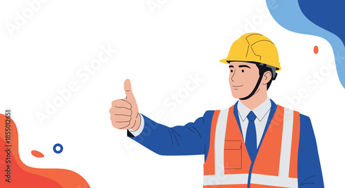 Confident construction worker wearing a hard hat and safety vest gives a thumbs up for job quality and success.