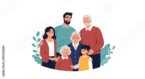 Happy extended family including grandparents, parents, and children pose together for a heartwarming group portrait.