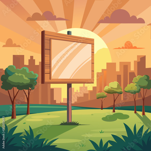 Wooden freestanding billboard mockup in a sunny park at sunset.
