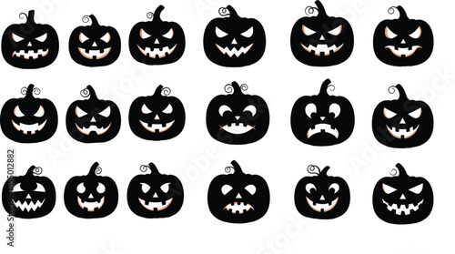 Collection of black silhouette Halloween jack o lantern pumpkins with varied carved faces and light orange interiors