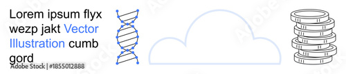 Genetics, cloud storage, finance, technology, innovation, data management. DNA helix, cloud symbol and coin stack are . Genetics and cloud storage thematic
