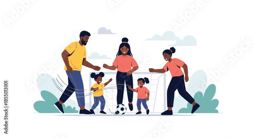 African American family enjoys playing soccer together in a park with their young daughters on a sunny day.