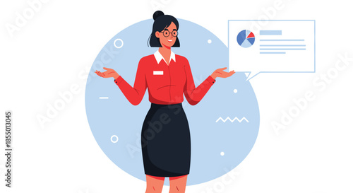 Successful business woman gives a presentation using data charts and infographics to explain company strategy.