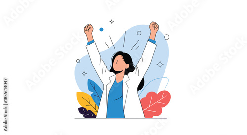 Joyful female researcher in a white lab coat celebrates a major scientific breakthrough with her arms raised high.